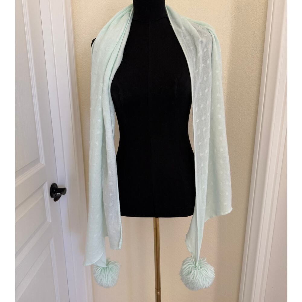 Pastel Baby Blue Textured Knit Scarf with Large Pom Poms